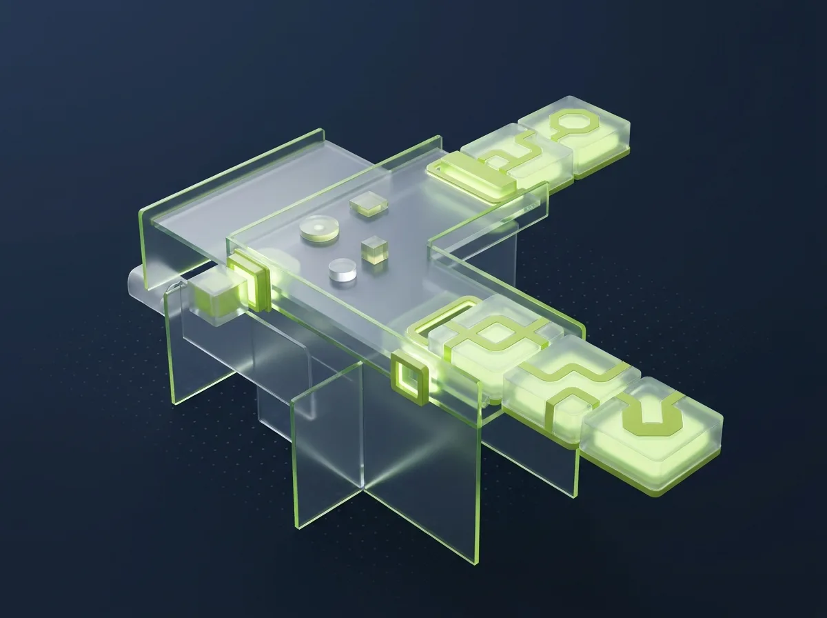 Abstrakte, gebrandete Visualisierung zum Thema „Checkout Extensions & App-Blocks“