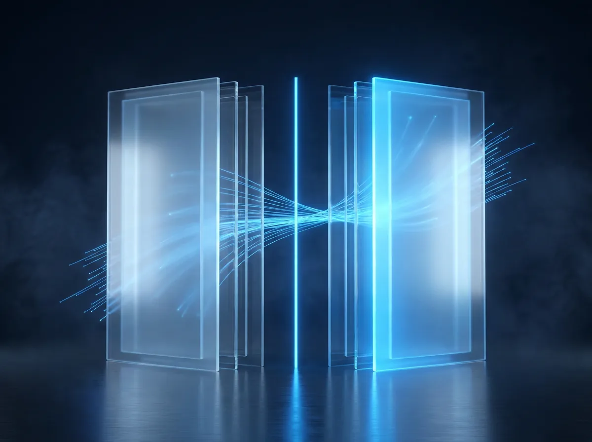 Abstrakte Visualisierung von A/B-Tests: zwei parallele Glas-Paneele im Vergleich, eines heller leuchtend, getrennt durch eine Lichtlinie