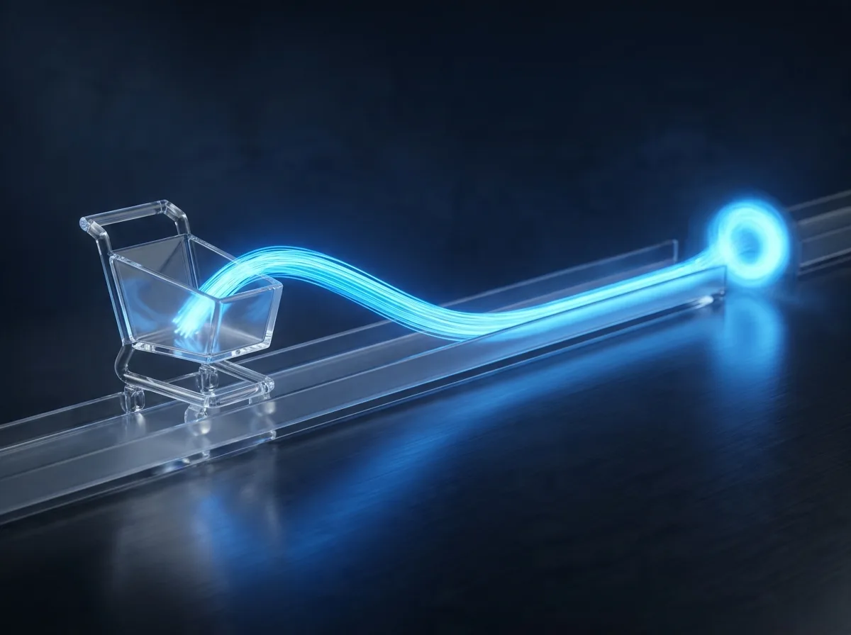 Abstrakte Visualisierung der Checkout-Optimierung: ein kurzer, hindernisfreier Glaspfad mit einem fließenden Lichtstrom vom Warenkorb zum Ziel