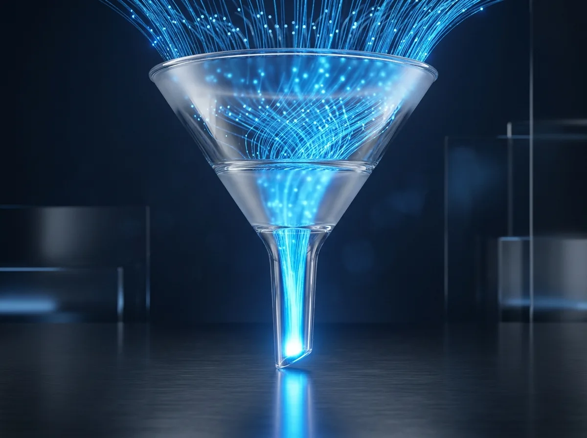 Abstrakte Visualisierung der Conversion-Analyse: ein Glas-Trichter bündelt leuchtende Datenpartikel von breit oben zu einem fokussierten Strom