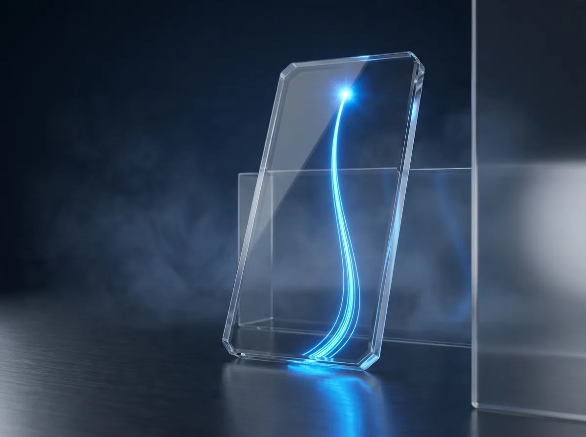 Abstrakte Visualisierung der Mobile-Conversion: eine schlanke Glas-Smartphone-Form mit aufsteigendem, sich verdichtendem Lichtstrom