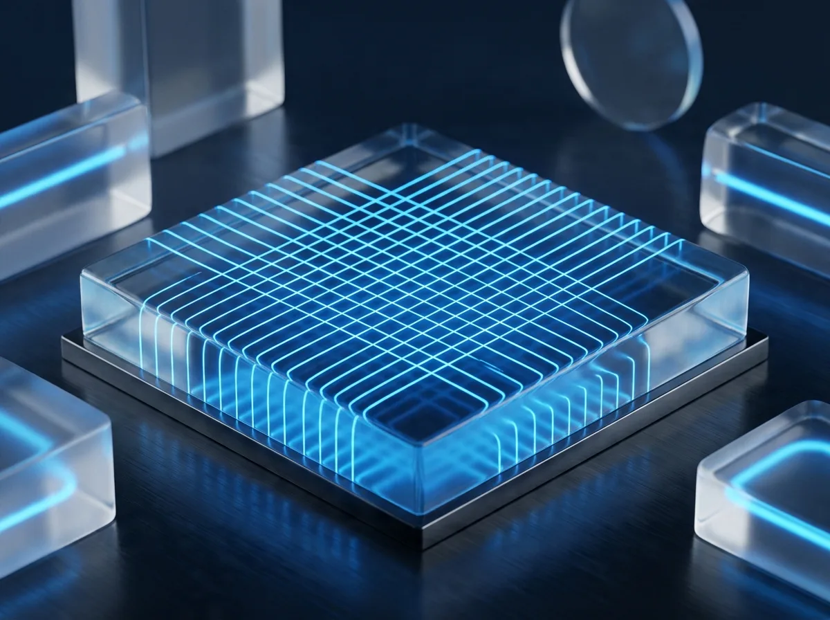 Abstrakte Visualisierung von sauberem Tracking: ein solider Glas-Fundamentblock mit geordneten, parallelen Datenlinien im Raster