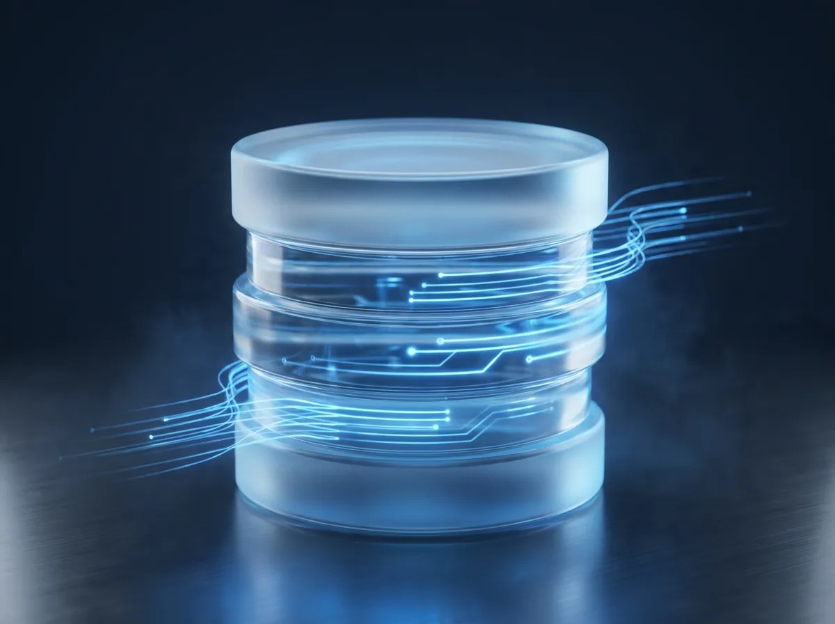 Abstrakte Visualisierung von Backend und Datenbank: gestapelte Glas-Datenbankscheiben mit effizient fließendem Licht