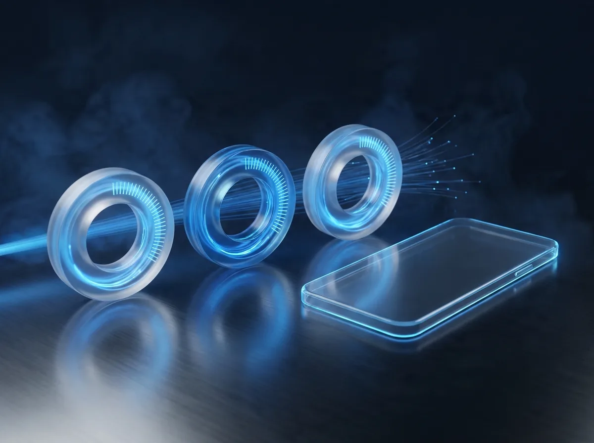 Abstrakte Visualisierung der Core Web Vitals: drei leuchtende kreisförmige Glas-Messringe neben einer Glas-Smartphone-Form
