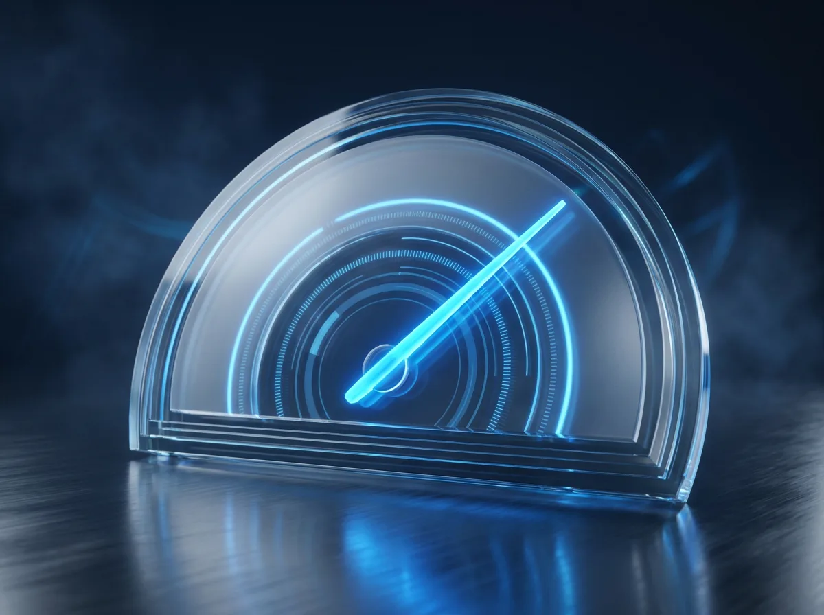 Abstrakte Visualisierung des Performance-Audits: ein leuchtender Glas-Tacho mit Zeiger und diagnostischen Lichtringen