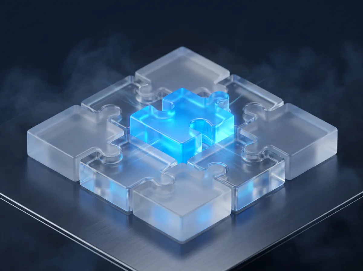 Abstrakte Visualisierung der Plugin-Performance: ineinandergreifende Glas-Modulbausteine, eines heller optimiert leuchtend