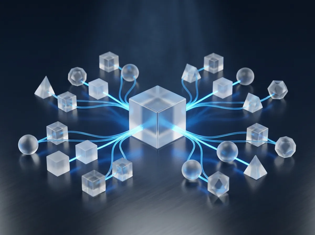 Abstrakte Visualisierung von B2B und Sellers Suite: geometrische Glas-Avatar-Tokens als Konten-Hierarchie an einem zentralen Business-Hub