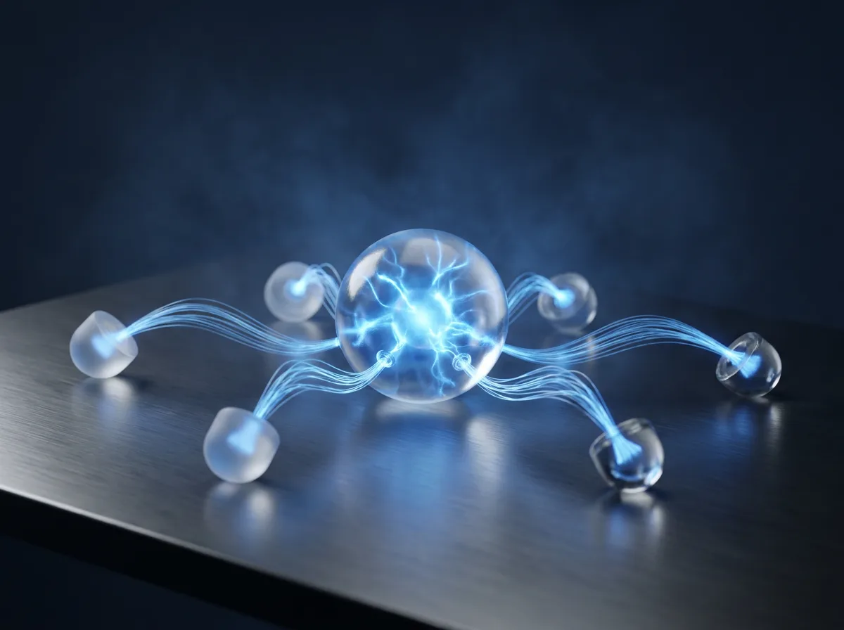 Abstrakte Visualisierung der individuellen Inhouse-Schulung: ein Lichtstrom fließt von einem Glas-Wissenskern in mehrere Empfänger-Tokens