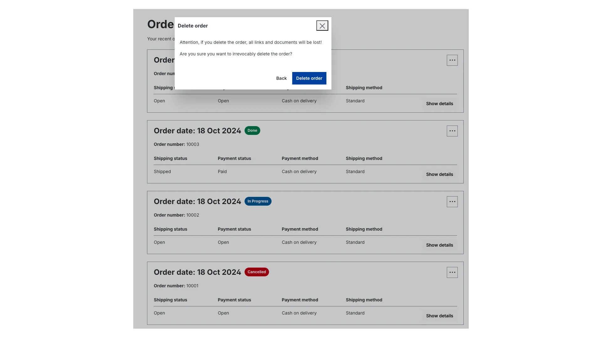Bestellungen durch Kunden löschen – Screenshot 2