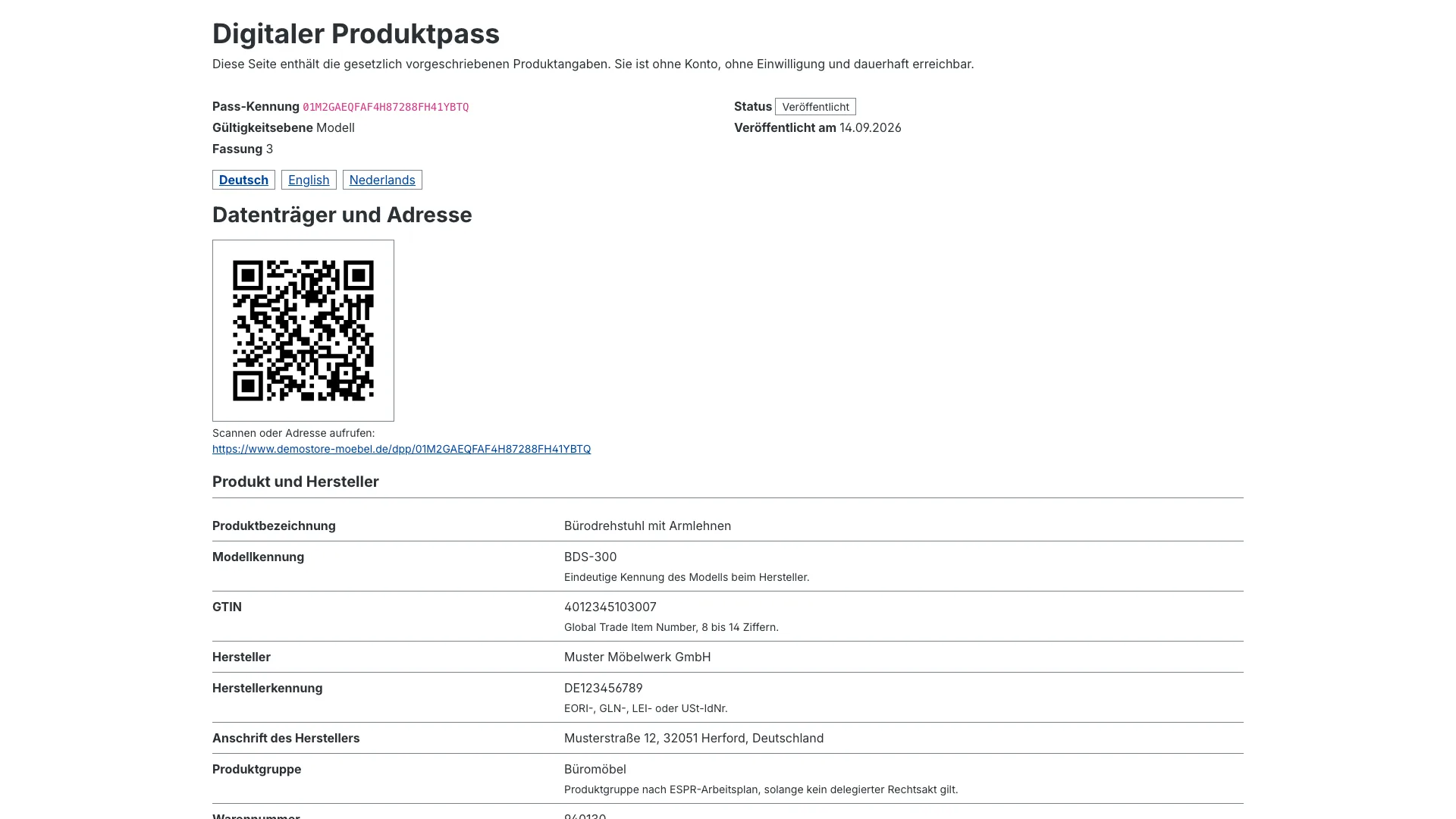 Digitaler Produktpass DPP ESPR | Pflichtangaben vor dem Kauf zeigen. Screenshot 2