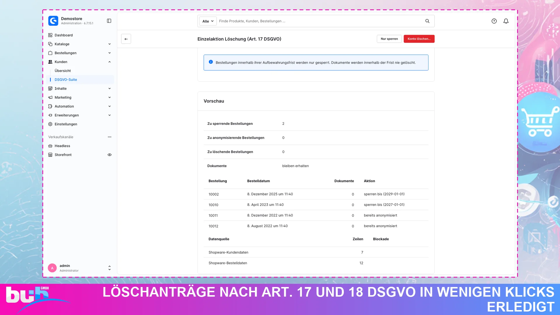 DSGVO Suite Datenschutz Anonymisierung | Kundendaten nach Frist löschen. Screenshot 13