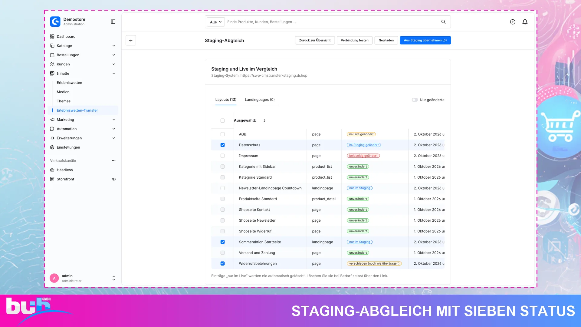 Erlebniswelten Transfer Export Import | CMS Staging zu Live mit Rollback. Screenshot 5