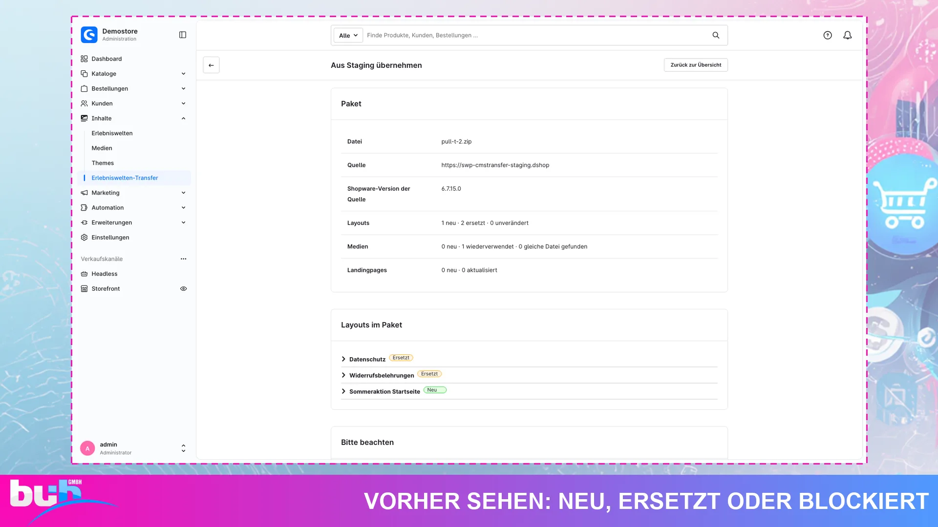 Erlebniswelten Transfer Export Import | CMS Staging zu Live mit Rollback. Screenshot 6