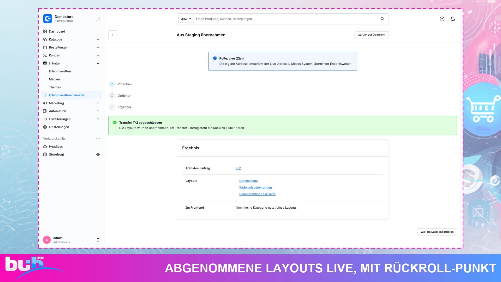 Erlebniswelten Transfer Export Import | CMS Staging zu Live mit Rollback. Screenshot 7
