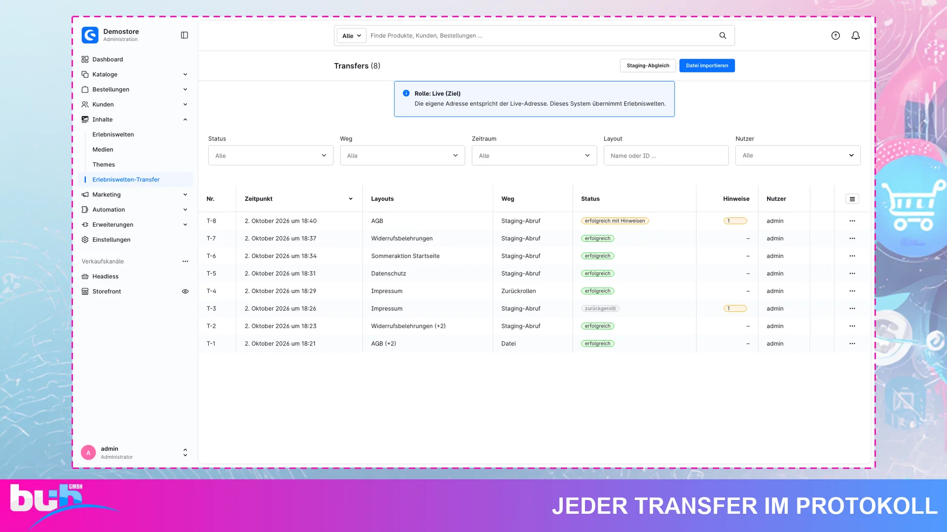 Erlebniswelten Transfer Export Import | CMS Staging zu Live mit Rollback. Screenshot 8