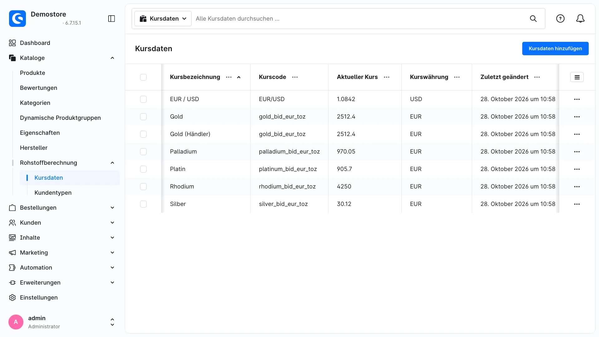 Rohstoffberechnung Kursimport GoldFeed | Kurse automatisch importieren. Screenshot 3