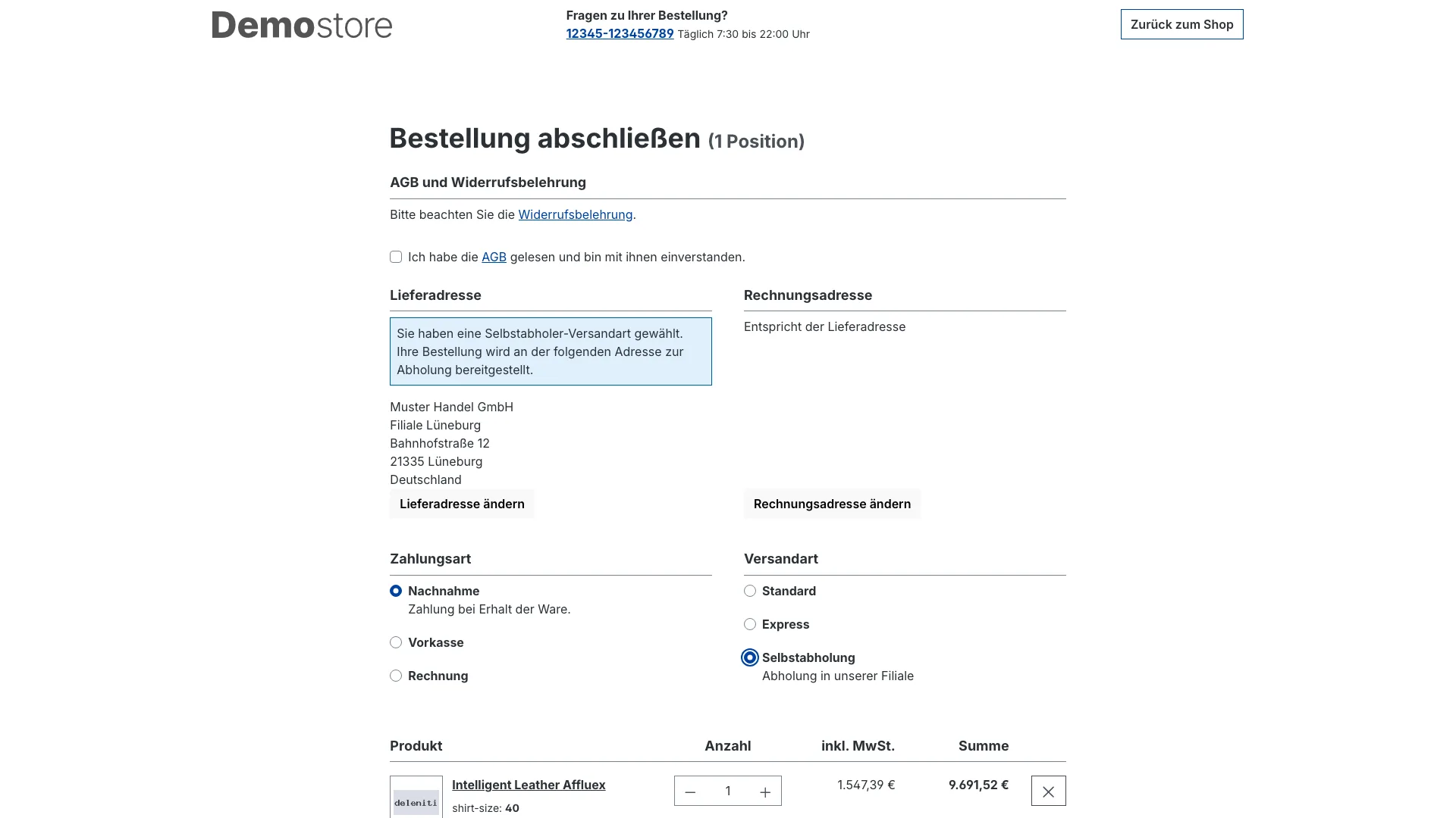 Selbstabholung: Abholadresse im Checkout und Steuer nach Abholort. Screenshot 1
