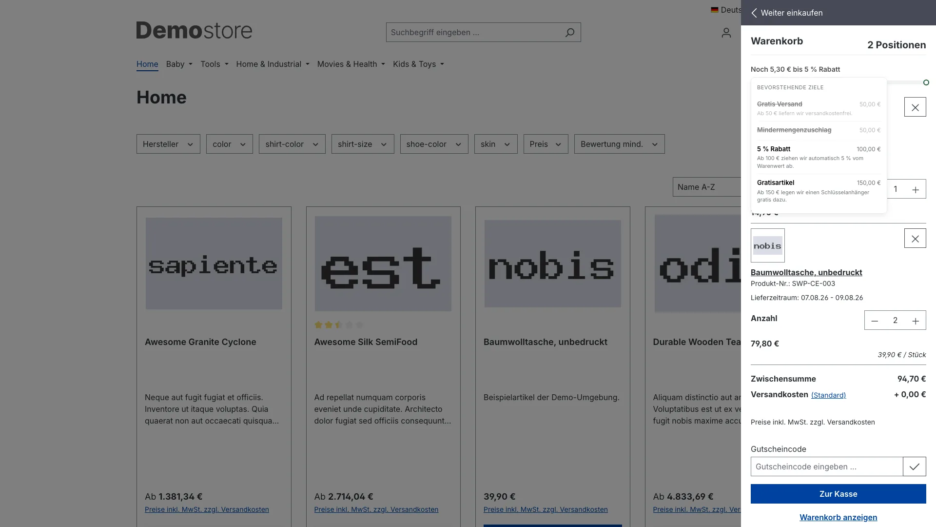 Warenkorb Extras: Fortschrittsbalken mit Gratisartikel und Mindermengenzuschlag. Screenshot 1