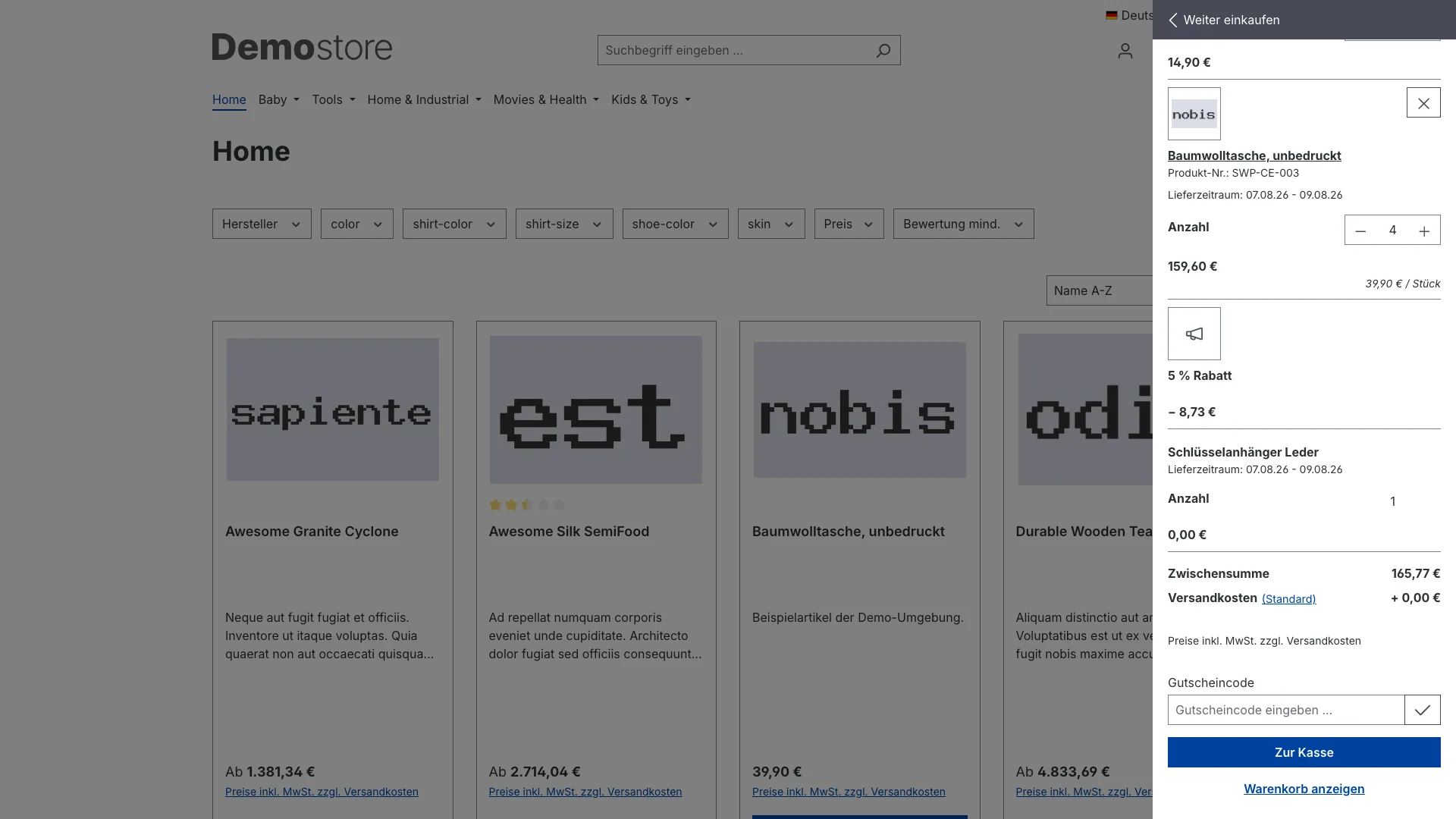 Warenkorb Extras: Fortschrittsbalken mit Gratisartikel und Mindermengenzuschlag. Screenshot 2