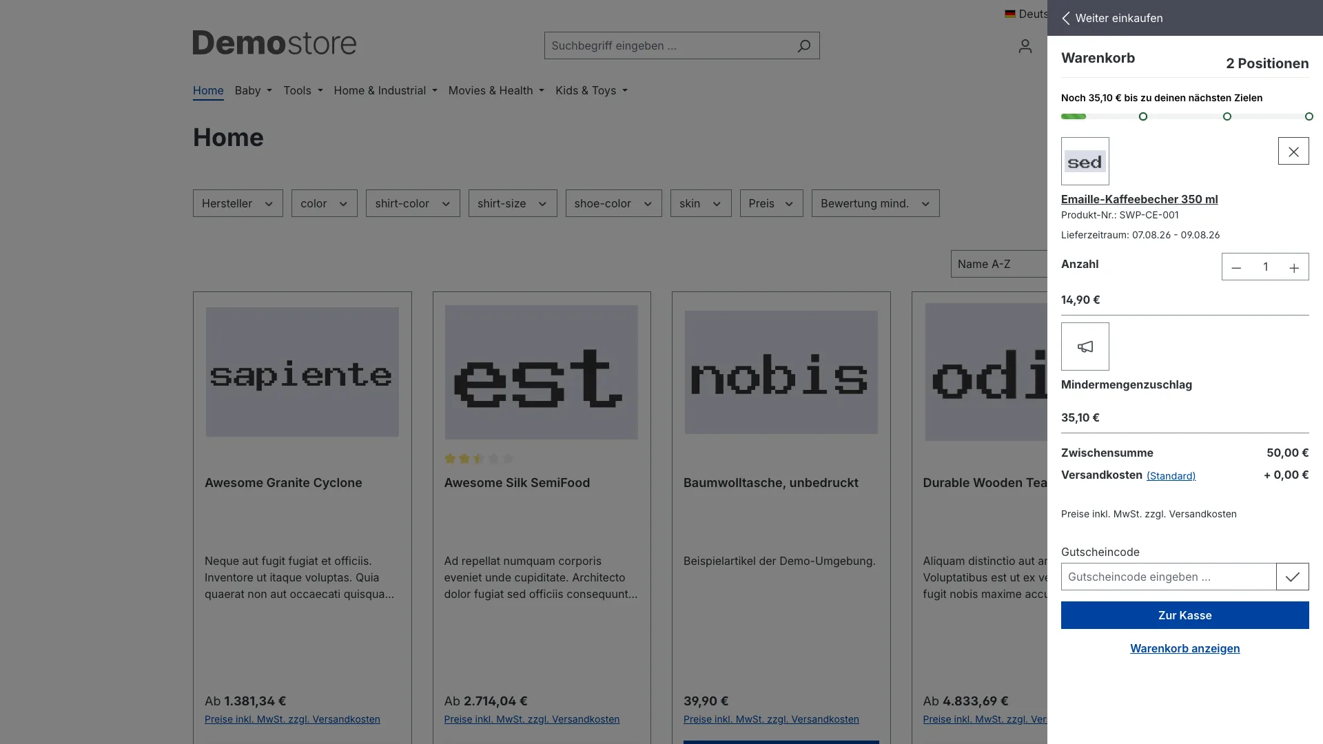 Warenkorb Extras: Fortschrittsbalken mit Gratisartikel und Mindermengenzuschlag. Screenshot 3